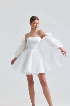 لباس مجلسی سفید زنانه تور یقه قایقی آستر دار کد 670388211