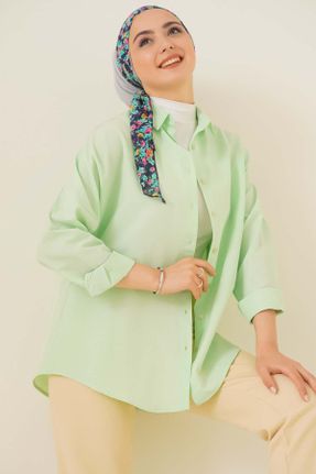 پیراهن سبز زنانه اورسایز آستین-بلند پنبه - پلی استر کد 382947271