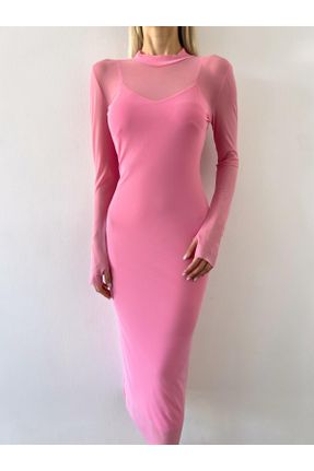 لباس صورتی زنانه بافتنی تور رگولار آستین-بلند کد 742121298