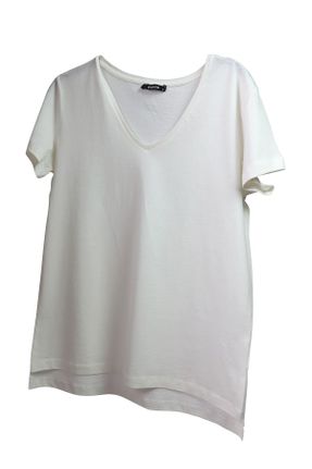 تی شرت سفید زنانه رگولار یقه هفت پنبه (نخی) کد 77999532