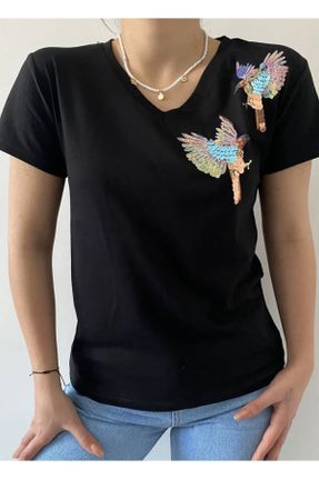 تی شرت مشکی زنانه رگولار یقه هفت پنبه (نخی) تکی طراحی کد 816642701
