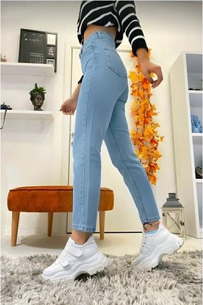 شلوار آبی زنانه جین پاچه ساده فاق بلند مام فیت کد 455905596