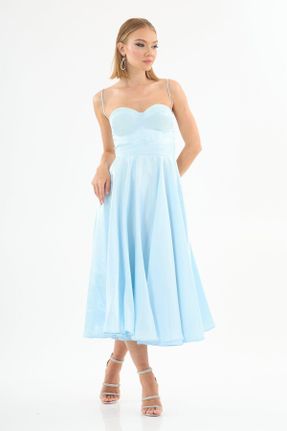 لباس مجلسی آبی زنانه ساتن آویزی رگولار استراپلز آستر دار کد 836112576