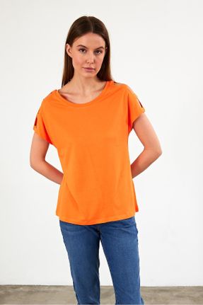 تی شرت نارنجی زنانه یقه گرد مودال- پنبه تکی جوان کد 782871196