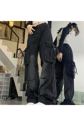 شلوار مشکی زنانه جین پاچه گشاد سوپر فاق بلند کارگو کد 798153760