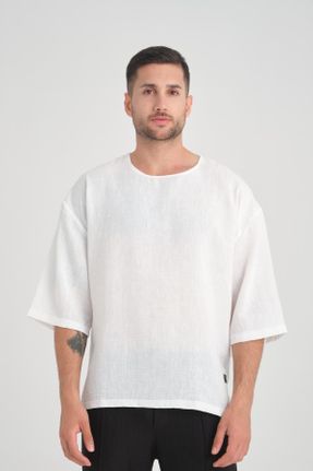 تی شرت سفید مردانه اورسایز یقه گرد پلی ویسکون بیسیک کد 822684110