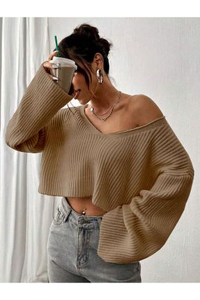 پلیور قهوه ای زنانه ساده YUGA KNİTTİNG - کد 831934504