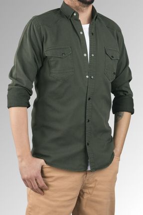 پیراهن خاکی مردانه اسلیم فیت یقه دکمه دار پنبه (نخی) کد 242140891