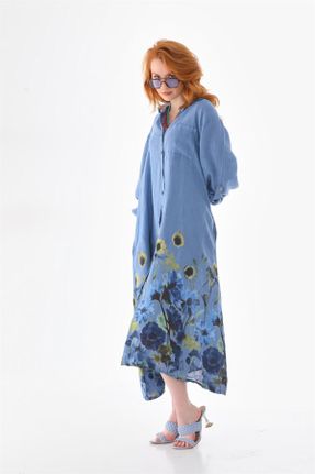 لباس سرمه ای زنانه بافتنی کتان اورسایز آستین-بلند کد 770465912