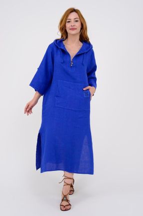 لباس آبی زنانه بافتنی کتان اورسایز آستین-کوتاه بیسیک کد 814706298