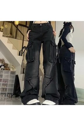 شلوار مشکی زنانه جین پاچه گشاد سوپر فاق بلند کارگو کد 798153760