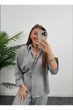 ست طوسی زنانه بافتنی کتان رگولار فاق بلند کد 836493846