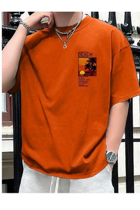 تی شرت نارنجی مردانه اورسایز یقه گرد پنبه - پلی استر تکی جوان کد 832141933
