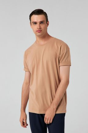 تی شرت بژ مردانه رگولار یقه گرد تکی کد 316075375