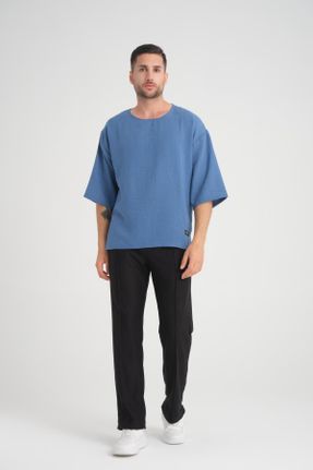 تی شرت آبی مردانه اورسایز یقه گرد پلی ویسکون بیسیک کد 822684190