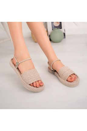 صندل بژ زنانه پاشنه تخت BURCU COLLECTİON - کد 845498793