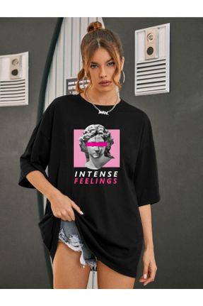 تی شرت مشکی زنانه اورسایز یقه گرد پارچه ای تکی کد 675116104