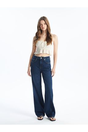 شلوار جین آبی زنانه پاچه گشاد فاق بلند ساده کد 820172874