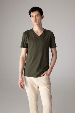 تی شرت خاکی مردانه اسلیم فیت یقه هفت پنبه (نخی) تکی کد 471996715