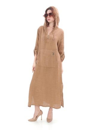 لباس قهوه ای زنانه بافتنی کتان اورسایز آستین-کوتاه بیسیک کد 740811815