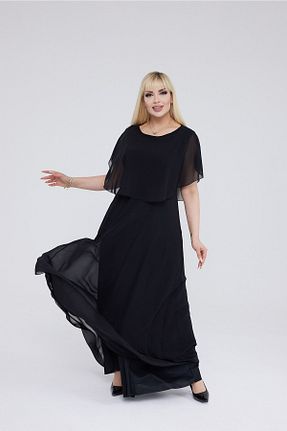 لباس سایز بزرگ مشکی زنانه شیفون VOLİNAY TEKSTİL - کد 728769959