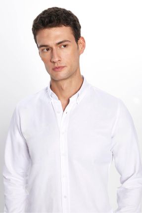 پیراهن سفید مردانه اسلیم فیت یقه دکمه دار پنبه - پلی استر کد 43214590