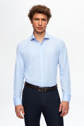 پیراهن آبی مردانه اسلیم فیت یقه ایتالیایی پنبه - پلی استر کد 31341431