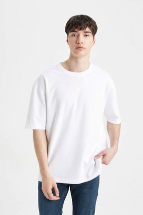 تی شرت سفید مردانه اورسایز یقه گرد پنبه (نخی) تکی کد 571919951