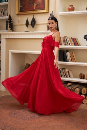 لباس مجلسی قرمز زنانه شیفون بدون آستین اسلیم فیت استراپلز آستر دار کد 43142158