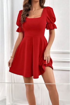 لباس قرمز زنانه بافت پلی استر رگولار آستین-کوتاه بیسیک کد 800791946