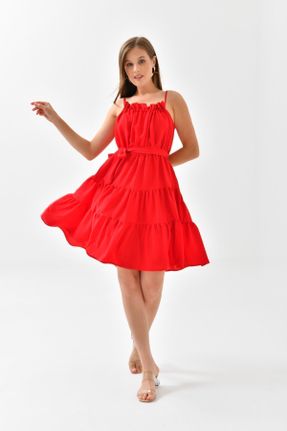 لباس قرمز زنانه بافتنی ویسکون فرم فیت بند دار کد 798650095