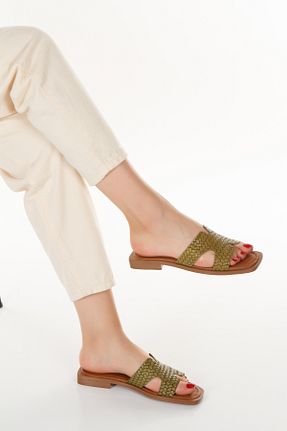 دمپائی خاکی زنانه چرم خالص UYEGE - کد 845852125