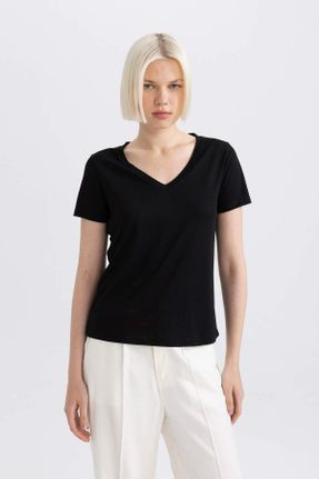 تی شرت مشکی زنانه رگولار یقه هفت تکی کد 249616168