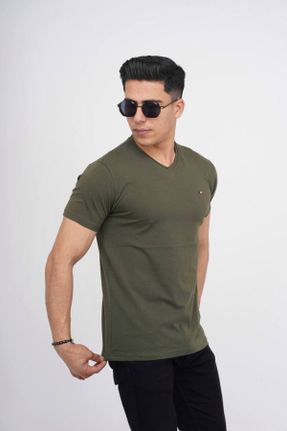 تی شرت خاکی مردانه اسلیم فیت یقه هفت تکی پوشاک ورزشی کد 818081828