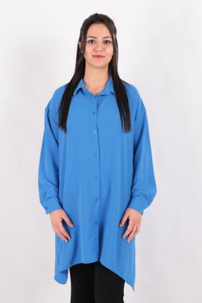 پیراهن آبی زنانه رگولار یقه پیراهنی کد 812138389