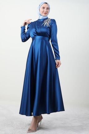 لباس مجلسی آبی زنانه یقه ایستاده ساتن آستین استاندارد کد 775909709