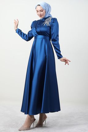 لباس مجلسی آبی زنانه یقه ایستاده ساتن آستین استاندارد کد 775909709