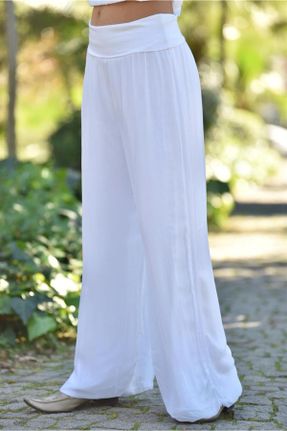 شلوار سفید زنانه بافتنی پاچه راحت فاق بلند اورسایز کد 344074192