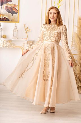 لباس مجلسی حجاب طلائی زنانه یقه ایستاده Modamartı - کد 843388824