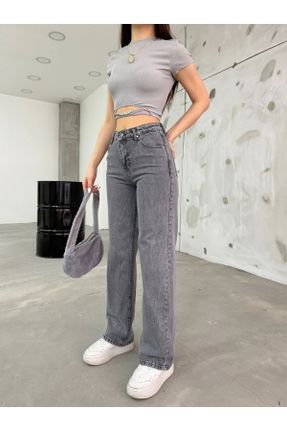 شلوار جین طوسی زنانه پاچه راحت سوپر فاق بلند اکریلیک جوان استاندارد کد 817174724