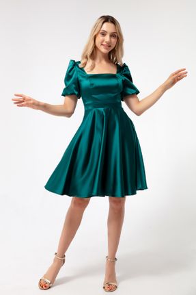لباس مجلسی سبز زنانه ساتن رگولار یقه مربع آستر دار کد 731915412