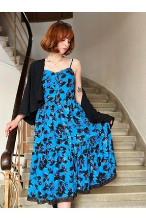 لباس آبی زنانه بافتنی پنبه - پلی استر طرح گلدار رگولار بند دار کد 825241541