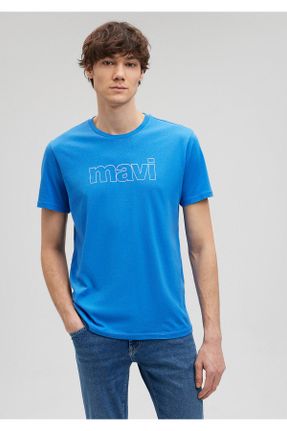 تی شرت آبی مردانه اسلیم فیت یقه گرد پنبه (نخی) تکی کد 817892010