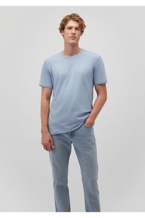 تی شرت آبی مردانه اسلیم فیت یقه گرد پنبه (نخی) تکی کد 844360714