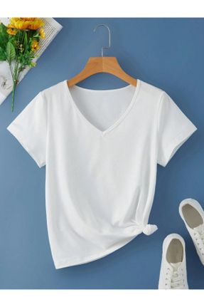 تی شرت سفید زنانه رگولار یقه هفت پنبه (نخی) کد 802124754