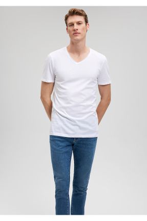 تی شرت سفید مردانه Fitted یقه هفت پنبه (نخی) تکی کد 3383160