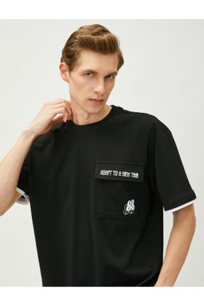 تی شرت مشکی مردانه ریلکس یقه گرد پنبه (نخی) تکی کد 649027303
