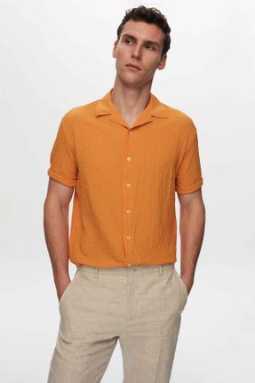 پیراهن نارنجی مردانه اسلیم فیت یقه پیراهنی کد 733884141