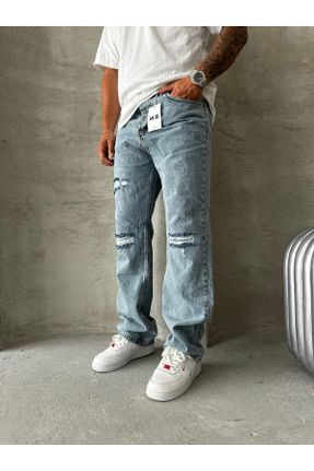 شلوار جین آبی مردانه پاچه راحت پنبه (نخی) ساده جوان کد 840352806