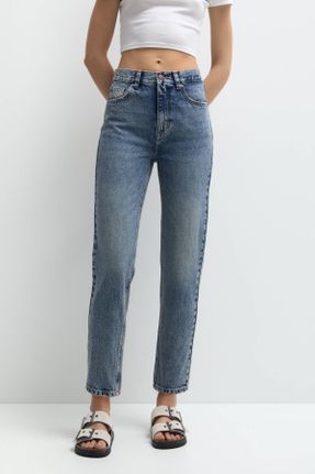 شلوار جین آبی زنانه پاچه ساده فاق بلند استاندارد کد 803381236